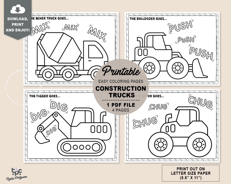 Construction Trucks Coloring Pages Printable Kids Party - Etsy