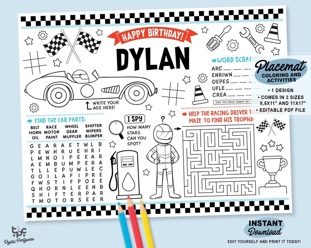 Editable Racing Car Party Placemat | Printable Formula 1 Party Coloring ...