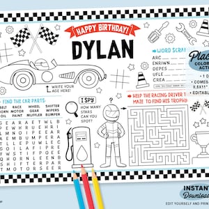 Editable Racing Car Party Placemat | Printable Formula 1 Party Coloring Page | Cars Birthday Activity | Table mat | Personalized Party Favor