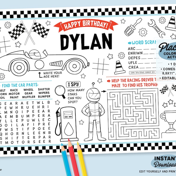 Editable Racing Car Party Placemat | Printable Formula 1 Party Coloring Page | Cars Birthday Activity | Table mat | Personalized Party Favor