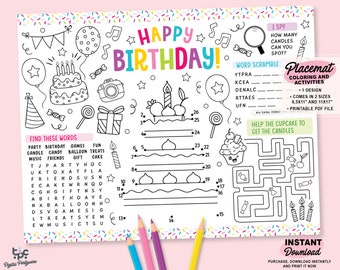 Birthday Coloring Placemat | Printable Birthday Party Coloring Page | Pink Birthday Party Activity Sheet | Printable Girls Matt Party Favor