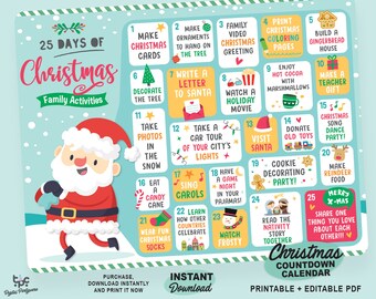 Editable 25 days of Christmas Countdown Calendar of Fun Family Activities | Advent Calendar for kids | Printable Holidays Bucket List