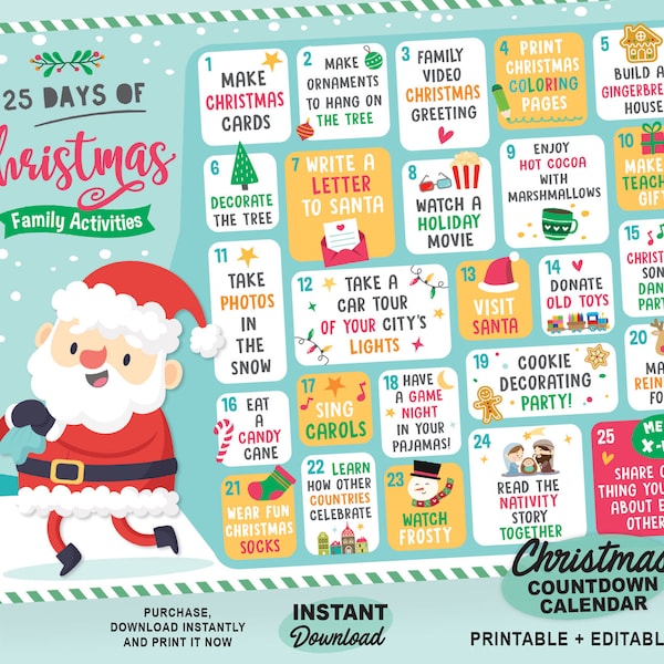 Editable 25 days of Christmas Countdown Calendar of Fun Family Activities | Advent Calendar for kids | Printable Holidays Bucket List