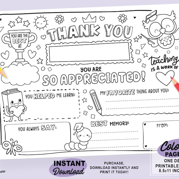 Personalized Teacher Appreciation Coloring Page | Printable All About My Teacher Template | Thank You Teacher Card | Appreciation Week Gift