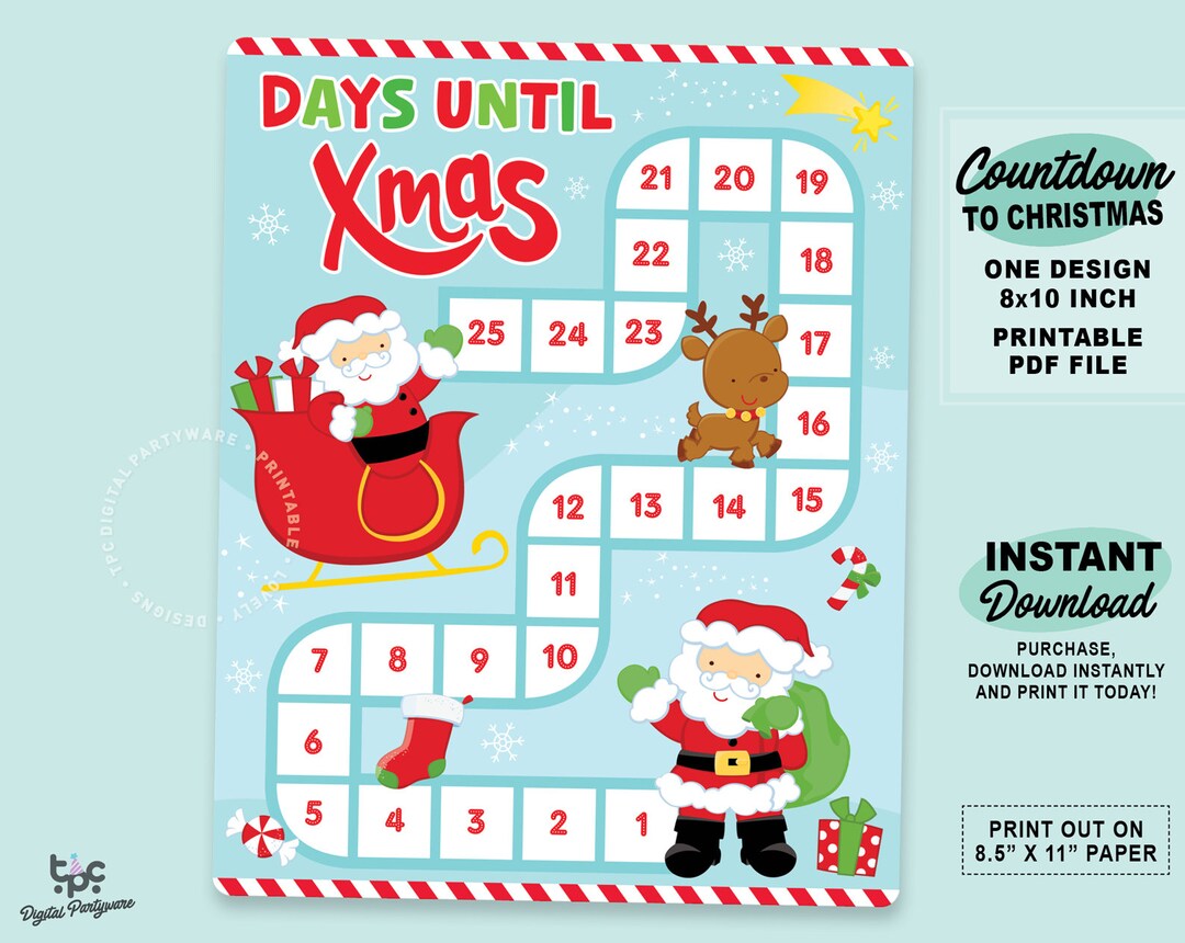 Printable Santa Countdown to Christmas Kids Advent Calendar 25 Days