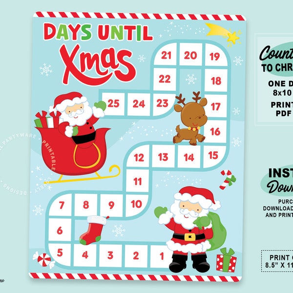 Druckbare Countdown für Weihnachten | Kinder-Adventskalender | 25 Tage bis Weihnachten Schild | Stickerbogen | Spar-Challenge