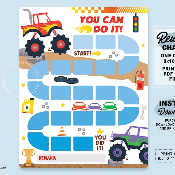 Printable Monster Truck Reward Chart | Big Cars Kids Behavior Chart | Instant Download Sticker Chart | Toddler Chore | Boys Behavior Chart