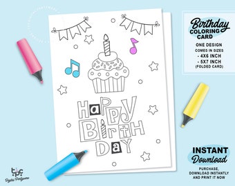 Happy Birthday Coloring Card | Printable Birthday Card | Digital Greeting Card | Coloring Gift for a friend | Cute Cupcake Printable Gift