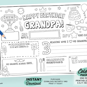 Happy Birthday Grandpa Coloring Page | Printable All About Grandfather Fill In Template | Papa Birthday Gift Card | Grandad’s Kids Activity