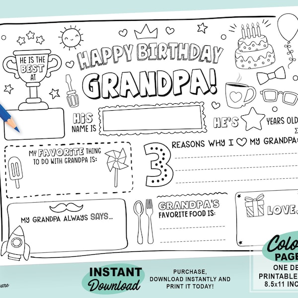 Happy Birthday Grandpa Coloring Page | Printable All About Grandfather Fill In Template | Papa Birthday Gift Card | Grandad’s Kids Activity