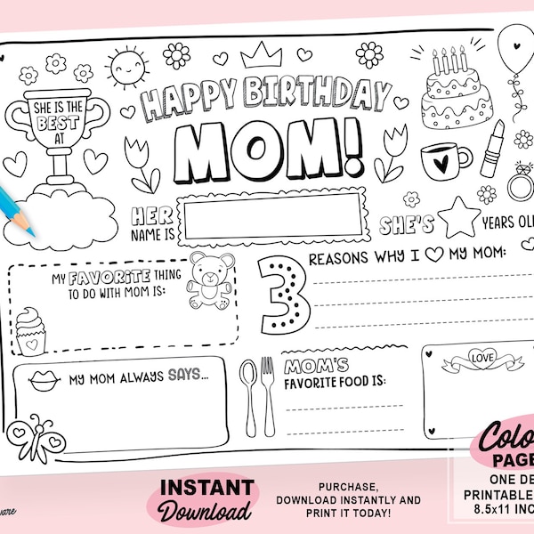 Happy Birthday Mom Coloring Page | Printable All About Mom Fill In Template | Mother’s Birthday Activity | Mommy Birthday Gift Card for Kids
