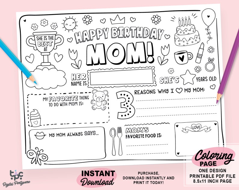 Happy Birthday Mom Coloring Page Printable All About Mom - Etsy