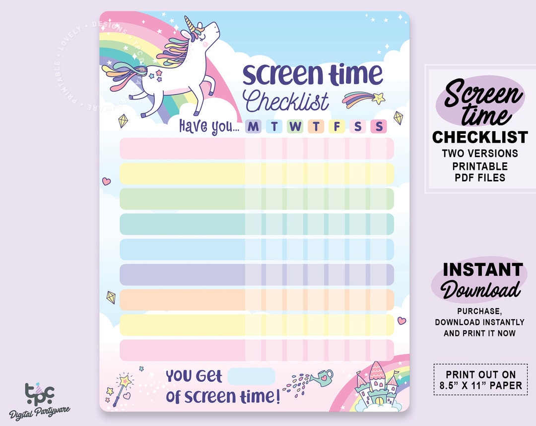 Printable Unicorn Screen Time Checklist Fun Screen Time Tracker Instant ...