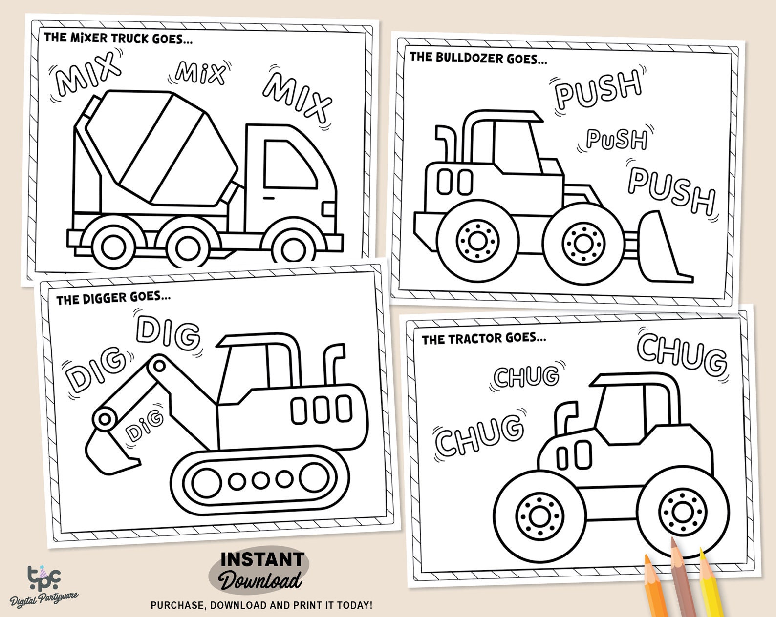 Construction Trucks Coloring Pages Printable Kids Party Etsy Construction Trucks Coloring Pages Printable Kids Party Etsy