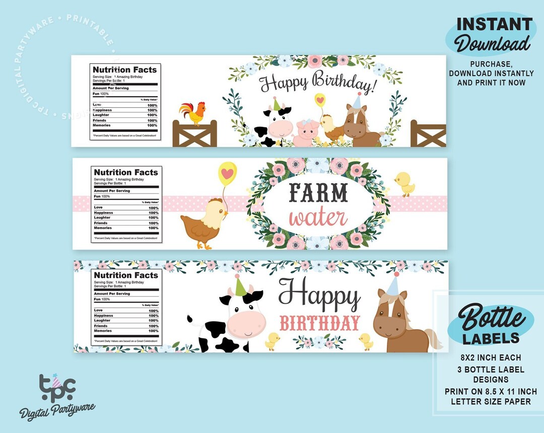 Farm Party Water Labels Printable Farm Bottle Label Farm Party Sticker ...