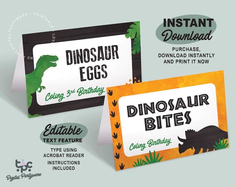 editable dinosaur food card dino birthday buffet label etsy