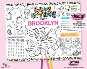 Editable Roller Skate Party Placemat | Printable Roller Blading Party Coloring Page | 90's Birthday Activity  Mat | Personalized Party Favor