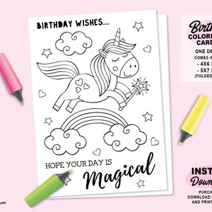 Unicorn Birthday Coloring Card Printable Unicorn Card Coloring Greeting Card Happy Birthday Card ...