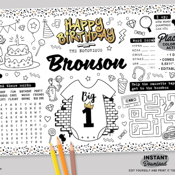 The Notorious Birthday Party Placemat | Printable Big One Kids Coloring Page | Hip Hop Activity Tablemat Sheet Template | 90s Party Favor