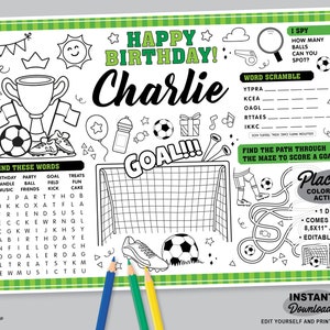 Soccer Party Favor | Editable Placemat | Printable Football Birthday Coloring Page | Sports Activity | Tablemat | Personalized Party Favor