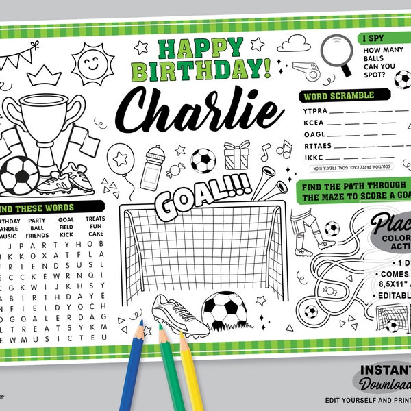 Soccer Party Favor | Editable Placemat | Printable Football Birthday Coloring Page | Sports Activity | Tablemat | Personalized Party Favor