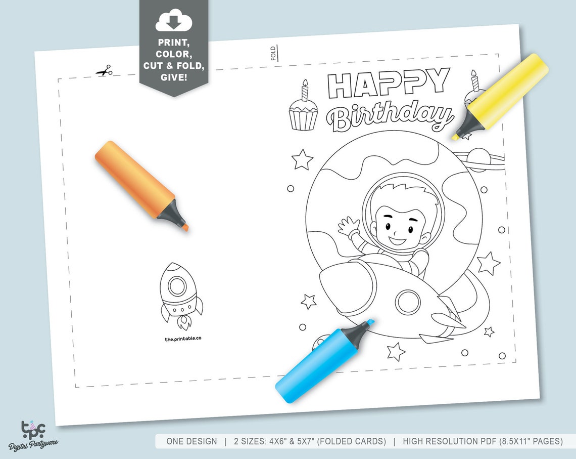 Birthday Coloring Card Printable Space Happy Birthday Card - Etsy