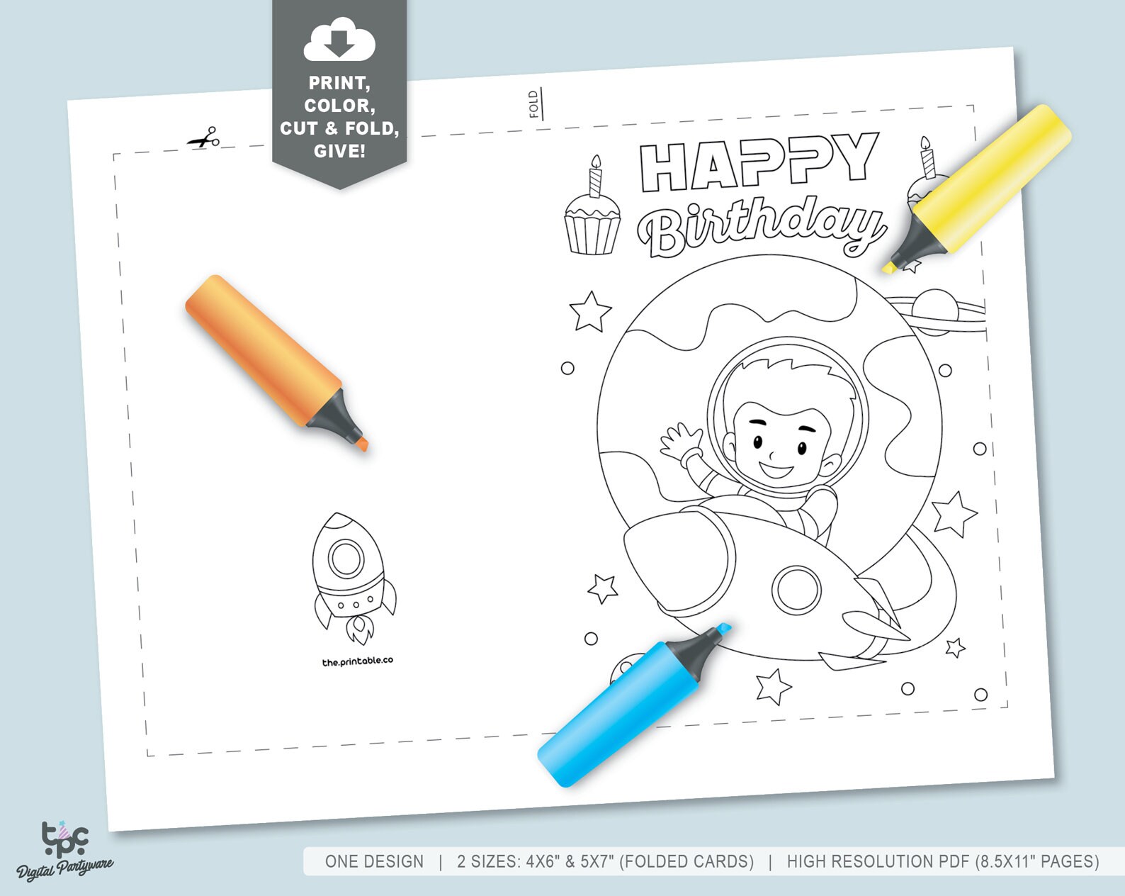 Birthday Coloring Card Printable Space Happy Birthday Card - Etsy