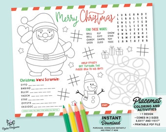 Christmas Activity Placemat | Printable Christmas Placemat for kids | Christmas Coloring Sheet | Printable Holiday Activity Mat