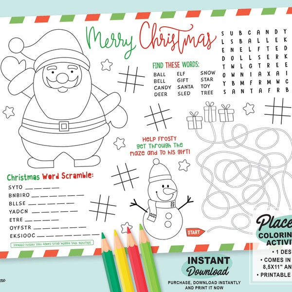 Christmas Activity Placemat | Printable Christmas Placemat for kids | Christmas Coloring Sheet | Printable Holiday Activity Mat