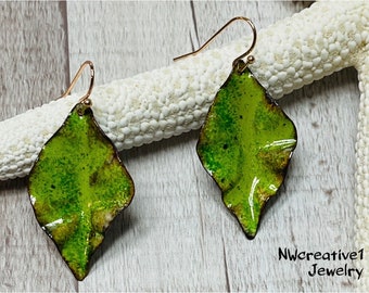 Textured Green Leaf Earrings, Hand Cut & Hand Shaped copper glass enameled