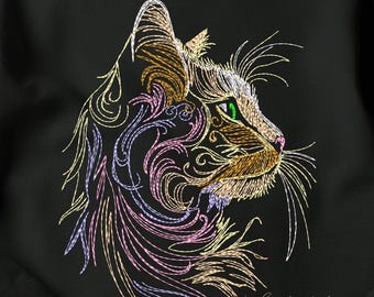 Cat Face Machine Embroidery Designs Fit 5x7" hoop. Moonlight outline, tabby cat, black background