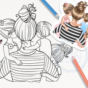 Sello digital para madre de tres hijos. Descarga PNG familiar. Sello digital para el Día de la Madre, página para colorear. Uso comercial. Arte lineal. Contorno. Imprimible. Hazlo tú mismo.