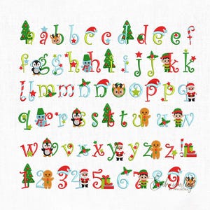 Fichier de police de broderie de Noël, 5 tailles, motif monogramme alphabet des fêtes, ensemble de motifs de broderie de lettres du Père Noël.