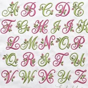 Roses Bud Alphabet Machine Embroidery Designs File, Floral Monogram Font, Vintage Script, A-Z Letters