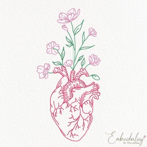Realistic Heart Embroidery Design File, Human Heart with Flowers Machine Embroidery Pattern, Floral Heart Valentine Day Gift
