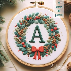 Christmas Alphabet Hand Embroidery Pattern, Festive Wreath Monogram Design Bundle. PDF Instant Digital Download.