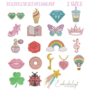 May include: A collection of colorful embroidery designs, including sunglasses, ice cream, a diamond, a bubble tea, a high heel, a book, a butterfly, a crown, perfume, a rose, a rainbow, a musical note, lips, a donut, a key, a heart pendant, a hot air balloon, a shamrock, a ladybug, and a wand. The text "Embroidarlinge" is also present.