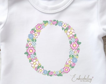 Floral Letter O Machine Embroidery Pattern, 97mm 3.80in Monogram for Girl Baby Shower, Mother Day Gift Design, One Piece T-shirt Stickdatei