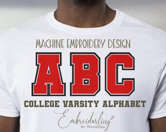 May include: Machine embroidery design of the letters A, B, and C in a red and black varsity style font. The text "College Varsity Alphabet" is below the letters. The text "Embroidarling by RivusDea" is below the text.