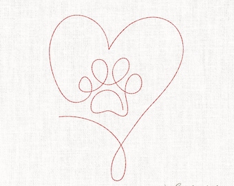 Paw Print Heart Line Embroidery designs: Pet Memorial Gift (4x4)