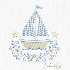 May include: Embroidered design of a sailboat with blue and white zigzag sails, a blue hull, and a beige deck. The boat is surrounded by a floral wreath with star accents. The text "Embroidarling's" is at the bottom.