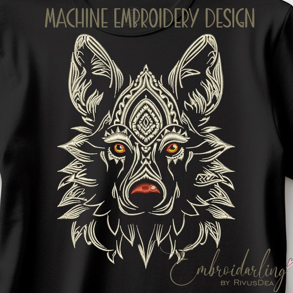 White Tribal Wolf embroidery design, ethnic Embroidery, boho totem embroidery program, wolf pattern, machine embroidery file download