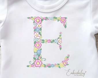 Floral Letter E Machine Embroidery Pattern, 97mm 3.80in Monogram for Girl Baby Shower, Mother Day Gift Design, One Piece T-shirt Stickdatei