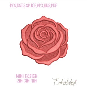 Puede incluir: Diseño de bordado de rosa coral detallado. El diseño incluye el texto "PES, DST, EXP, JEF, VP3, HUS, PDF" en la parte superior y "MINI DESIGN 2IN 3IN 4IN" en la parte inferior. El diseño es de Embroidarlings.