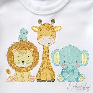 Cute Safari Embroidery Design, Wild Lion Elephant Giraffe embroidery pattern, Baby animals, Baby Shower Party Ricamo Macchina Broderie