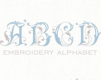 Arquivo para bordado à máquina com fonte floral, padrão de monograma vintage, letras do alfabeto para chá de bebê de primeira comunhão