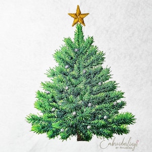 May include: Embroidered Christmas tree with a gold star on top. The tree is green with white accents and a brown trunk. The image is on a white background. The text "Embroiderlings by RivusDea" is in the bottom right corner.