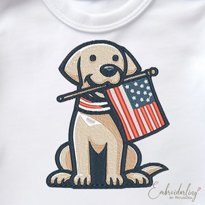 Patriotic Dog Embroidery File, Dog with American Flag, Fourth of July Embroidery File, 4th of July Machine Embroidery, Veterans Day Retro