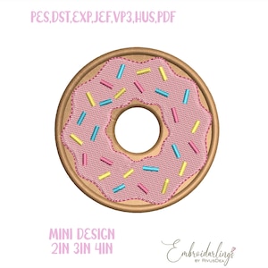 Puede incluir: Un diseño de donut bordado con glaseado rosa y chispas de colores. El diseño incluye el texto "MINI DESIGN 2IN 3IN 4IN" y los tipos de archivo "PES, DST, EXP, JEF, VP3, HUS, PDF". También está presente el logotipo "Embroiderlinge".