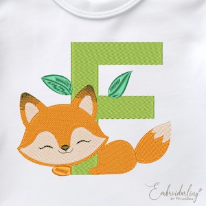 Diseño de bordado del alfabeto de animales con la letra F y el zorro, monograma inicial único, flor, bordado a máquina, patrón de fuente de animales con monograma floral